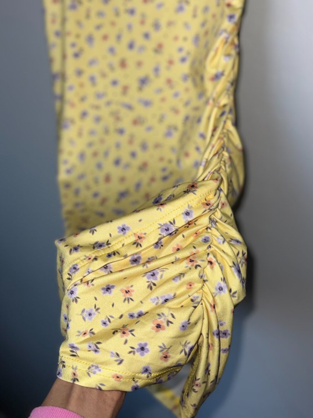 Floral Yellow Bodycon Ruched Sides High-Low Dress Floral Pattern Summer Spring - Picture 4 of 12